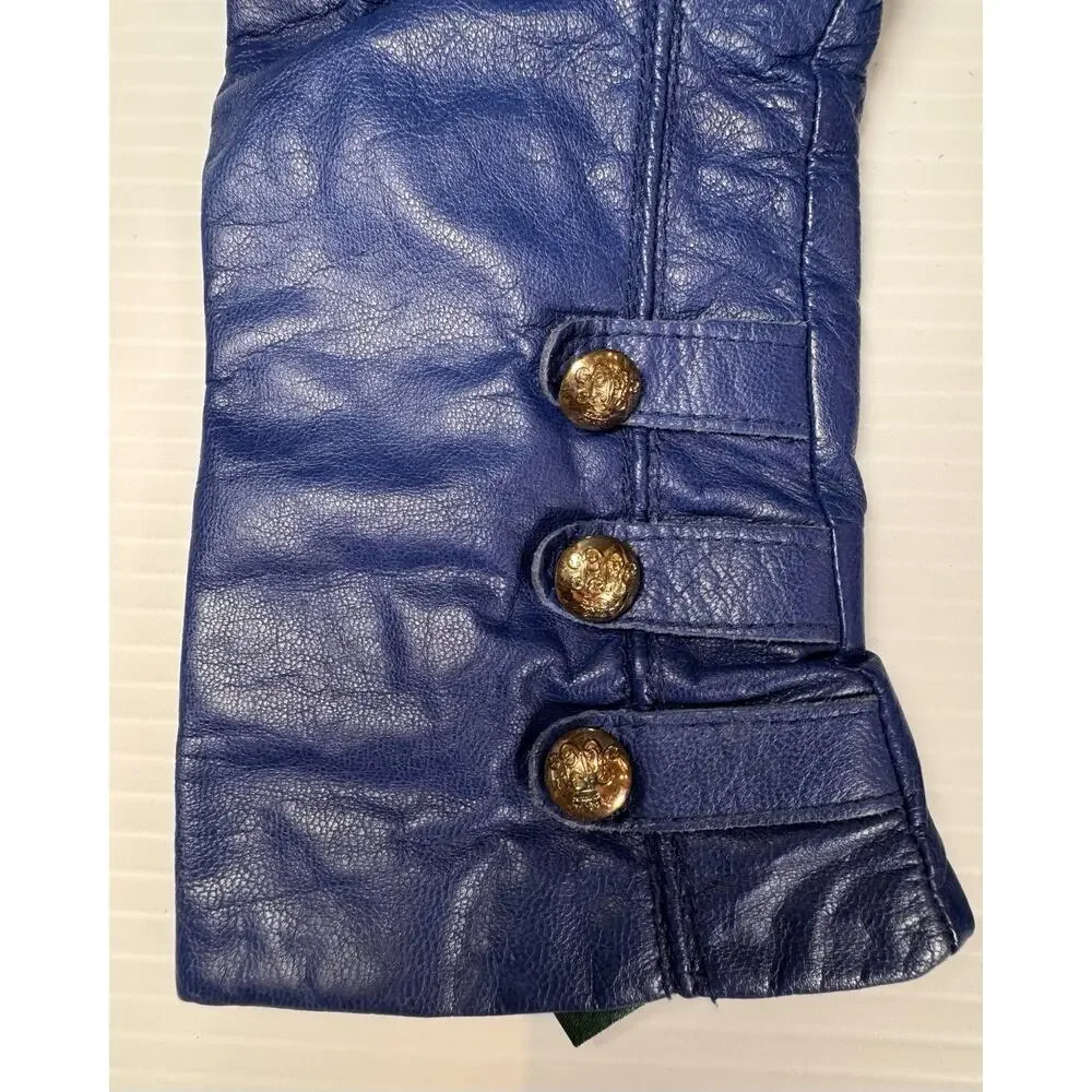 Lauren Ralph Lauren Blue Leather Gloves Womens L Gold Crest Buttons Lined